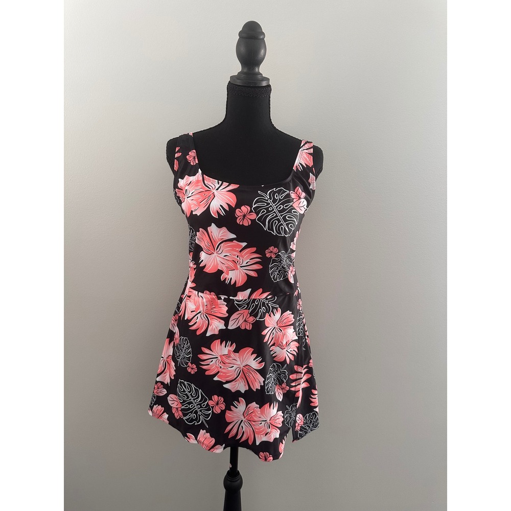 Floral Swim Dress‎ One Piece Swimsuit with Boy Shorts Pink Black Tropical Medium